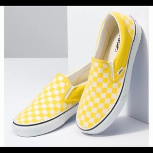 Yellow and white checkered Slide on vans